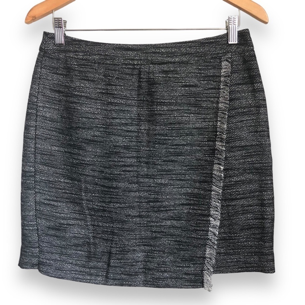 Loft Asymmetrical Frayed Wrap Tweed Mini Skirt Heather Black Gray Women’s Size 8